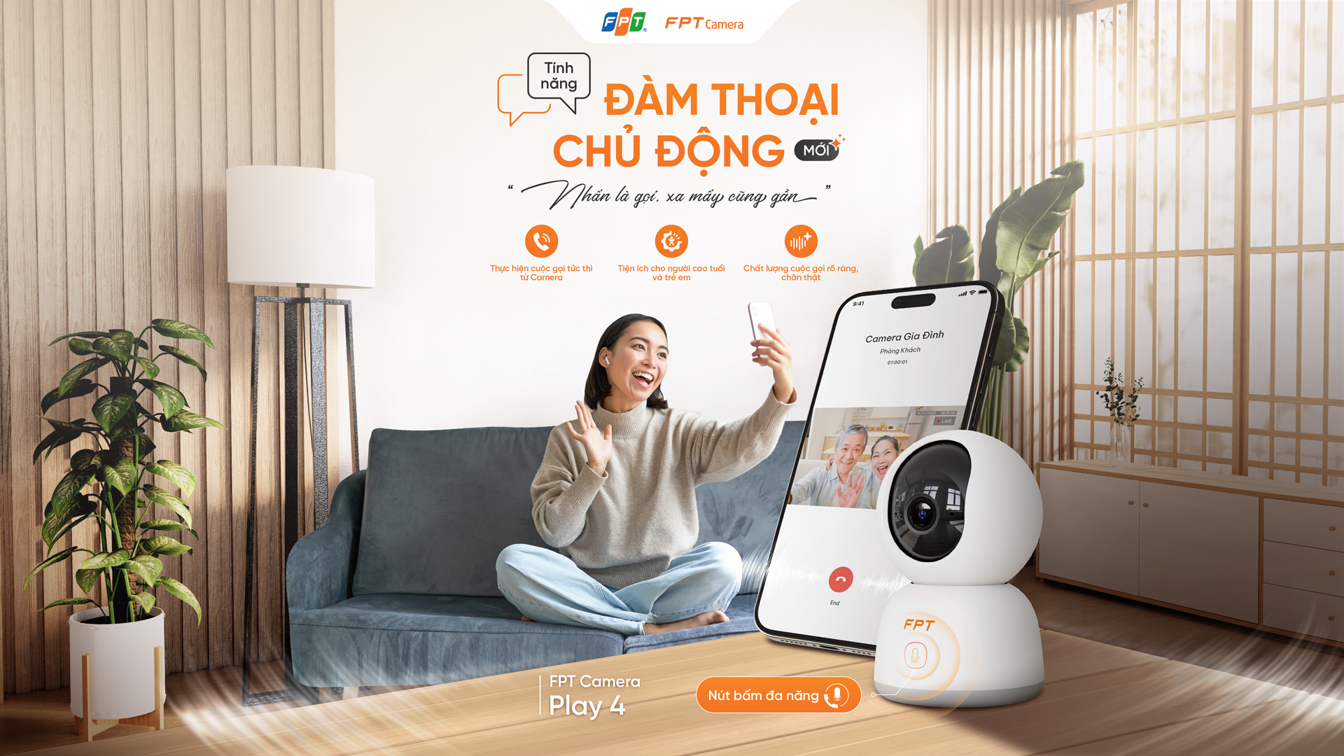 a woman sitting on a couch with a camera and a smart phone